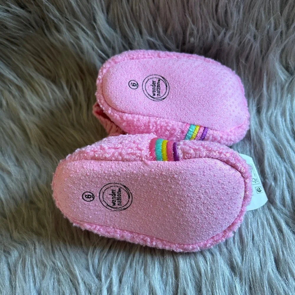 Wonder Nation Slippers Baby Girl Size 6 Pink Fuzzy Rainbow Shoes 18 Months NEW